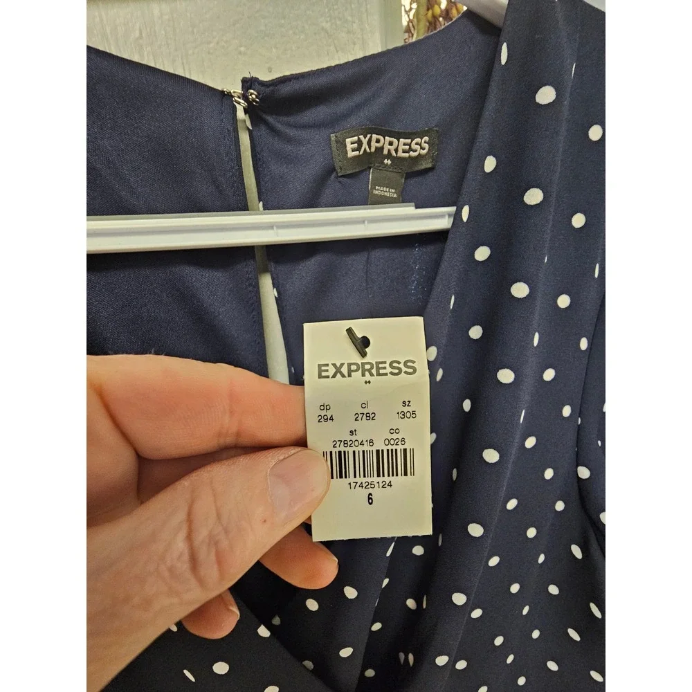 Express Navy Blue Polka‎ Dot Fit and Flare Mini Dress Size 6 NWT